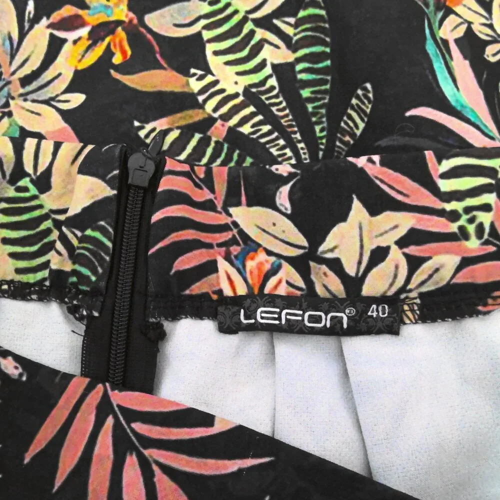 Lefon QUZU Black Skirt Colorful Floral Boho A-Line Soft Pleats Knee Length Sz 40